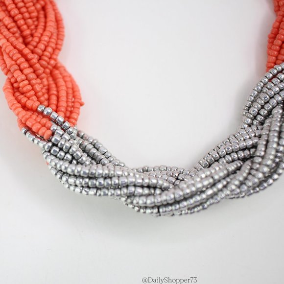 Paparazzi Women's Brazilian Brilliance Orange Silver Seed Bead Braided Necklace - Picture 3 of 4
